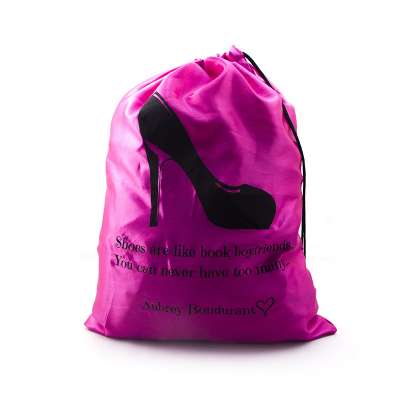 Wholesale custom logo printing dust pink silk satin shoe bags with drawstring