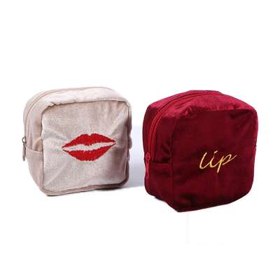 Custom embroidery pink velvet lipstick case square zip cosmetic bag with satin lining