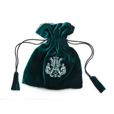 Custom Green Drawing String Embroidered Velvet Pouch With Satin Lining