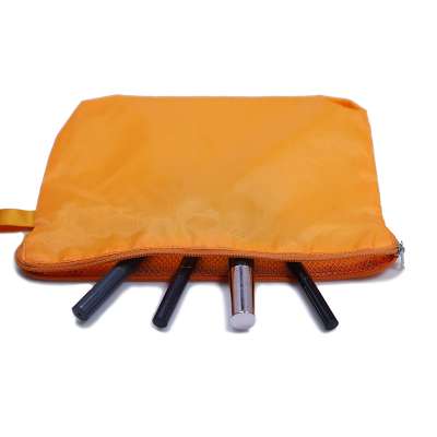 Premium Recycled Waterproof Plain Inside Mesh Makeup Brush Cosmetic Pencil Stationary Orange Nylon Zipper Bag Small Handle